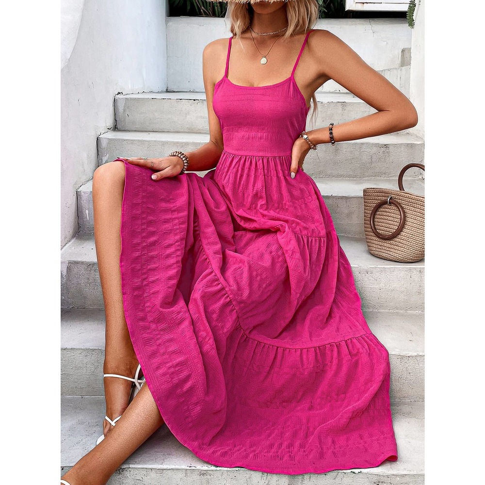 hot pink boho Solid Ruffle Hem Cami maxi Dress - Picture 2 of 11
